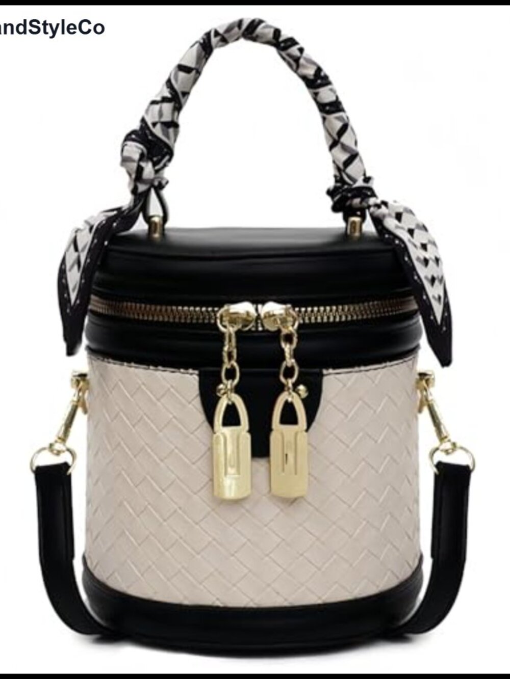 Woven Vegan Leather Mini Bucket Crossbody Bag with Scarf Accent